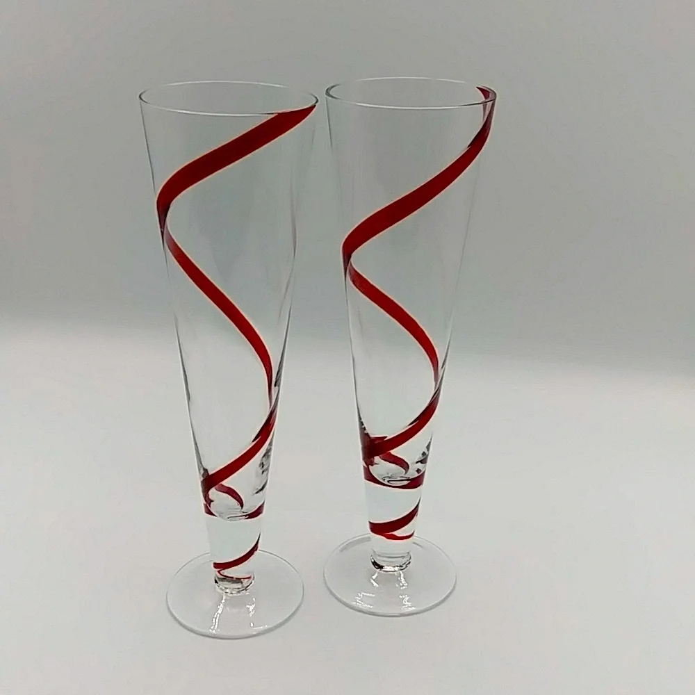 2 Pier 1 Pilsner Red Swirline Tall Glasses